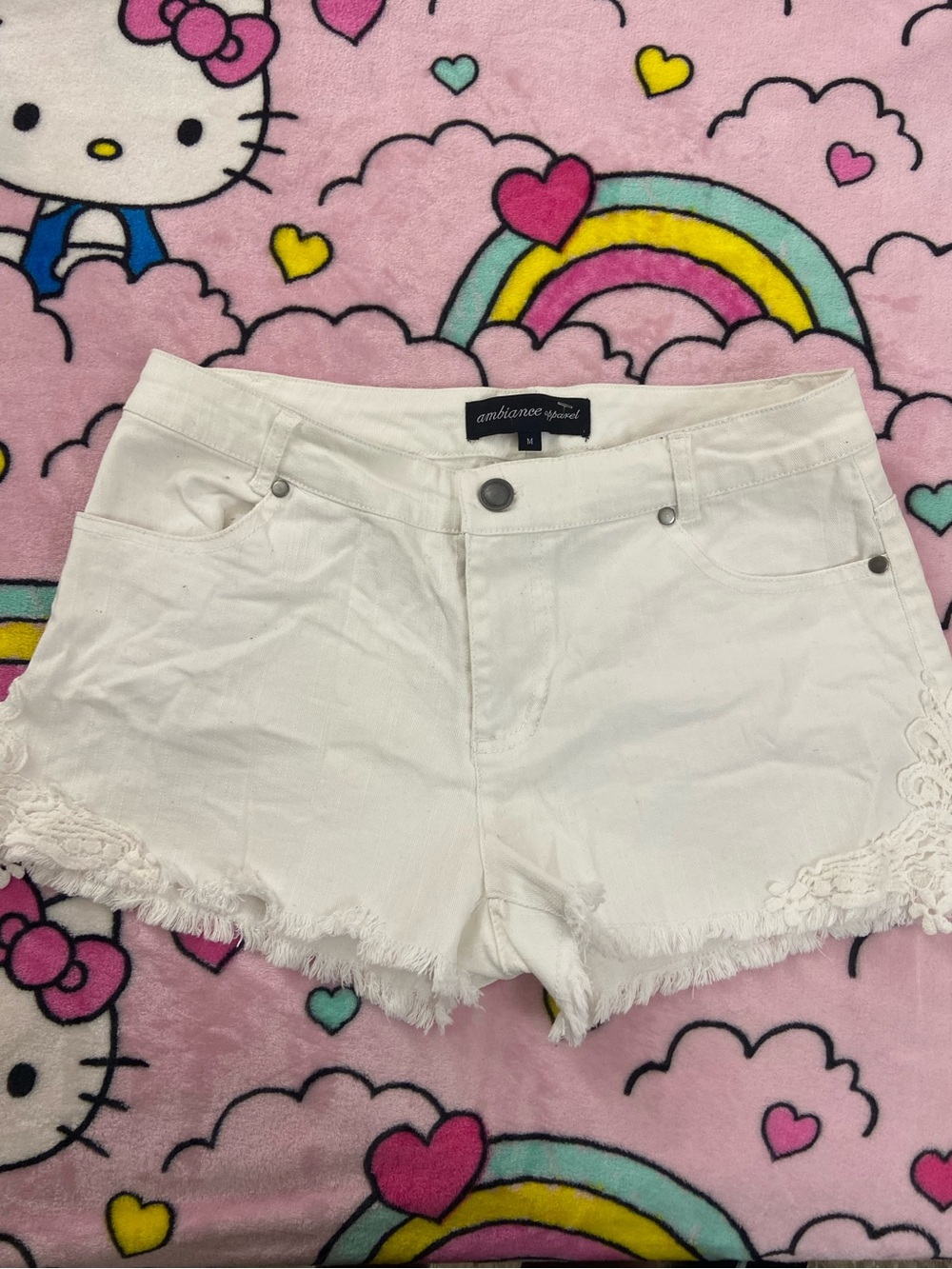 Ambiance White Denim Lace-Trim Cutoff Shorts